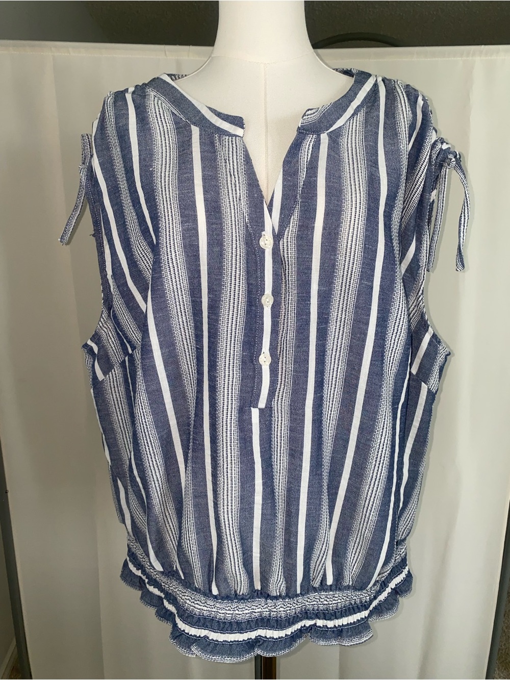 Eliza & Martin Blue White Striped Tie Sleeve Blouse 3X NWT